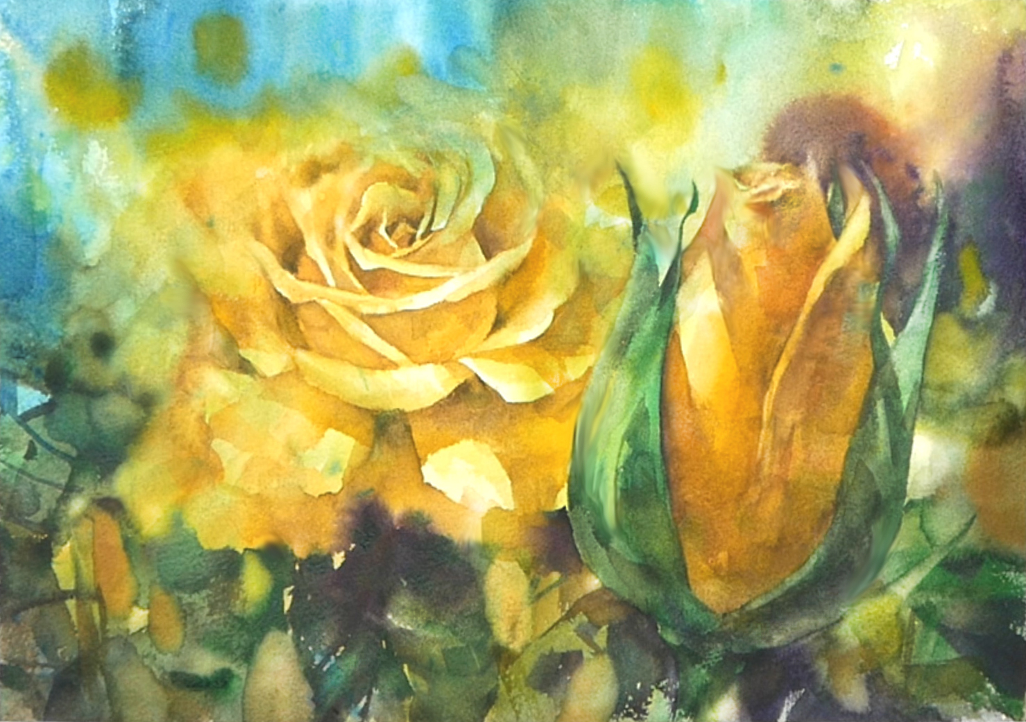 Желтые розы скетч акварель